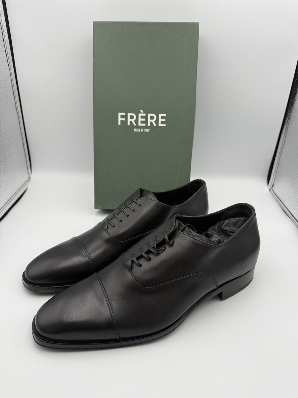 NIB FRERE Mens Leather Cap Toe Oxfords Black Made in Italy EU 45 US 12